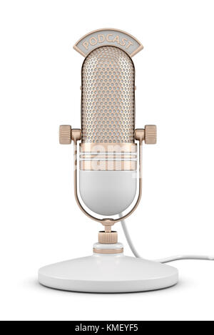 Microphone de rendu 3d avec podcast texte sur fond blanc Banque D'Images