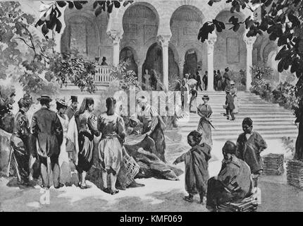 Pavillon tunisien, tapis devant la mosquée Sidi Mahrez, exposition universelle 1900 à Paris, photo du journal hebdomadaire français l'Illustration, 15 septembre 1900 Banque D'Images