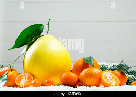 Les mandarines, oranges, pomelo, kumquat, kinkan avec feuilles sur neige blanche. agrumes mûrs. fond symbole du nouvel an et de noël Banque D'Images