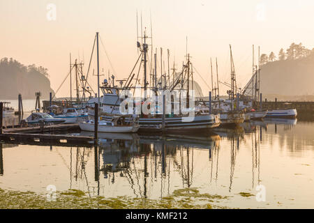 Bateaux de pêche le jour brumeux dans la marina de la ville de la Push sur la réserve indienne de Quileute dans l'État de Washington aux États-Unis Banque D'Images