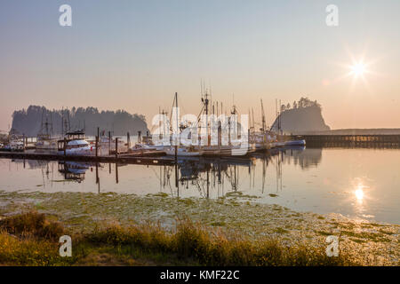 Bateaux de pêche le jour brumeux dans la marina de la ville de la Push sur la réserve indienne de Quileute dans l'État de Washington aux États-Unis Banque D'Images