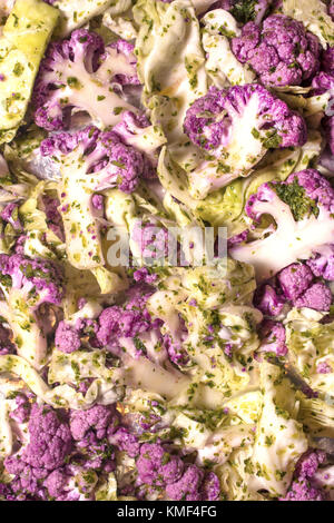 Chou-fleur violet matières colorées et chou vert prêt pour cuisson au four Banque D'Images