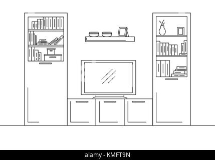 Dessin linéaire de l'intérieur. bibliothèque, commode avec tv et tablettes. vector illustration Illustration de Vecteur