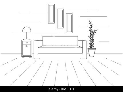 Intérieur moderne. Canapé, table de chevet et lampe de plancher. le réveil est suspendu sur le mur. en face du canapé est un tapis. vector illustration linéaire dans un st Illustration de Vecteur