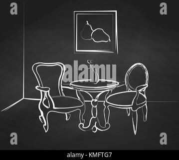 Le croquis de la salle. la conception d'une table et deux chaises dans un coin de la chambre. Illustration de Vecteur