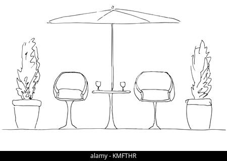 Deux fauteuils et une table. Grand Parapluie pliant. hand drawn vector illustration Illustration de Vecteur