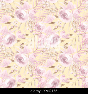 Les roses et les pivoines rose pâle avec des feuilles gris sur fond jaune.. sans jardin romantique fleurs illustration. couleurs fanées. Banque D'Images