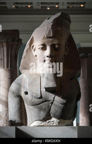 Londres. L'Angleterre. British Museum. Tête colossale de pharaon égyptien Ramsès II, ca. 1250 B.C, du temple funéraire de Ramsès II. Banque D'Images