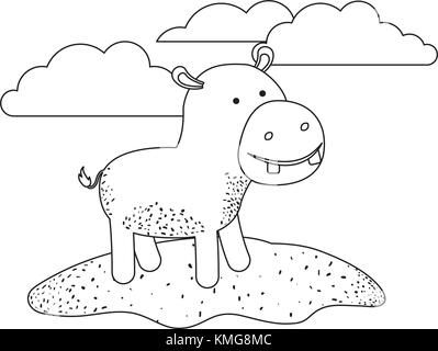 Caricature d'hippopotame dans une scène avec des nuages en silhouette monochrome Illustration de Vecteur