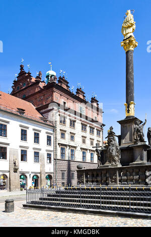 Plzen, République tchèque - circa août - Hôtel de ville renaissance et la colonne de la peste en août 2013 à Plzen ville, région de Bohême de l'ouest, en République tchèque. plz Banque D'Images