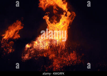 Ojai, Californie, USA. 7 décembre, 2017. Le feu thomas se déplace au-dessus de la crête derrière les bâtiments principaux de la Jewish summer camp, camp Rama dans l'ouest de l'ojai jeudi soir. crédit : eaux neal/zuma/Alamy fil live news Banque D'Images