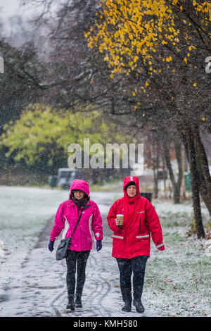 Clapham Common, London. Déc 10, 2017. La neige commence à tomber de nouveau. Plus tôt la neige légère est tombée sur Clapham Common et puis alterne avec le grésil. Londres, 10 déc 2017. Crédit : Guy Bell/Alamy Live News Banque D'Images