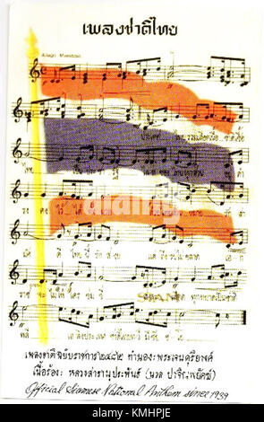 Phleng Chat Thai, également connu sous le nom d'hymne national thaïlandais, a été composé pour la première fois en 1939. Cette version de partition représente son importance historique en tant que symbole de l'identité et de l'unité nationales. Banque D'Images