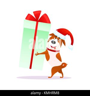 Funny cartoon dog avec cadeaux de Noël dans ses mains. Télévision personnage dans Santa Claus hat pour Noël ou le Nouvel An 2018. Chiot Terrier hugs présent isolé sur fond blanc. Illustration vecteur de Noël. Illustration de Vecteur