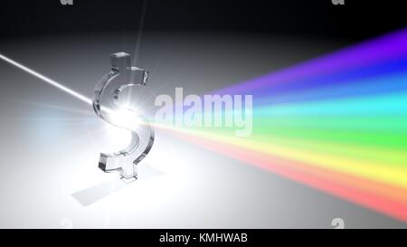 White light ray se disperser vers d'autres rayons de lumière de couleur en forme de dollar via prisme. 3d illustration Banque D'Images