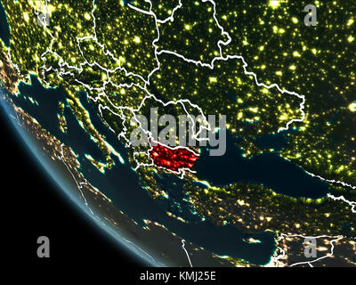 Vue satellite de la Bulgarie a souligné en rouge sur la planète Terre la nuit avec des filets et les lumières de la ville. 3D illustration. Éléments de cette image é Banque D'Images