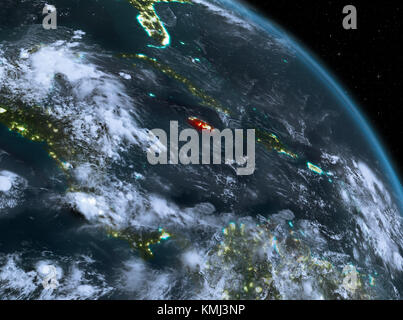 Nuit au-dessus de la Jamaïque a souligné en rouge sur le modèle de la planète Terre dans l'espace. 3D illustration. Éléments de cette image fournie par la NASA. Banque D'Images