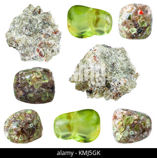 Collection de spécimens de minéraux naturels - Divers Le péridot (Olivine), De chrysolithe pierres isolé sur fond blanc Banque D'Images