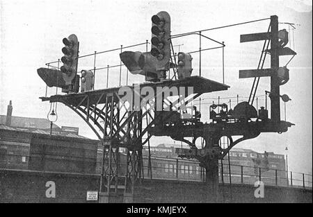 Signal lumineux couleur à quatre aspects, avec sémaphore derrière, Southern Railway (CJ Allen, Steel Highway, 1928) Banque D'Images