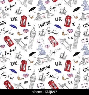 London city doodles. motif transparent éléments dessinés à la main avec le Tower Bridge, couronne, Big Ben, bus rouge, une carte routière, d'un drapeau,et le lettrage, vector illustration Illustration de Vecteur