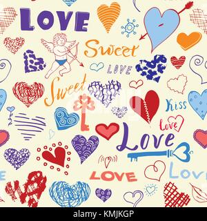 Valentines Day hand drawn seamless pattern. éléments éléments symboles coeurs doodle croquis et le lettrage pour les invitations de mariage, album, cartes, Illustration de Vecteur