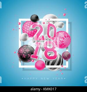 Bonne année 2018 avec 3d illustration lumineuse nombre et ornementales balle sur fond bleu. vector design vacances premium pour carte de vœux, invitation à une fête ou bannière promo. Illustration de Vecteur