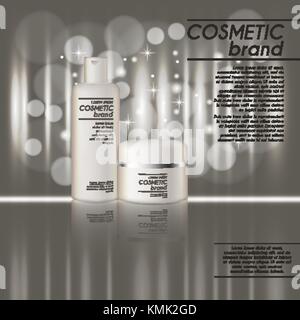 3D réaliste bouteille cosmétique cosmétique. modèle ads publicité de la marque concept design avec paillettes et arrière-plan flou. Illustration de Vecteur