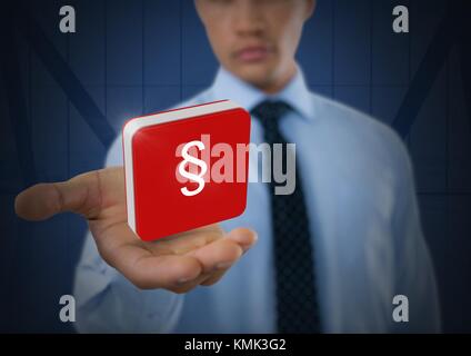 Digital composite de symbole de la Section d'icône et Businessman with hands paume ouverte et un arrière-plan sombre Banque D'Images