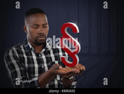 Digital composite de symbole et icône Section Businessman with hands paume ouverte et un arrière-plan sombre Banque D'Images