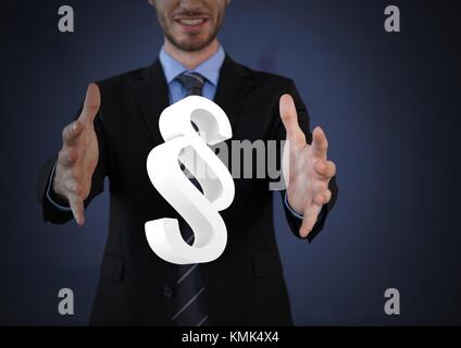 Digital composite de symbole et icône Section Businessman with hands paume ouverte et un arrière-plan sombre Banque D'Images