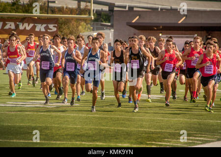 Adolescents multiraciale démarrer un cross country course à pied à une école d'athlétisme à Laguna Hills, ca. note des numéros d'identification. Banque D'Images