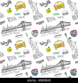 New york city modèle transparent avec des croquis taxi, hot-dog, hamburger, statue de la liberté, presse, manhatan bridge. dessin vecteur doodle illus Illustration de Vecteur