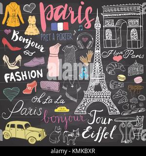 Paris doodles éléments. hand drawn set avec eiffel tower produites cafe, taxi triumf, passage de la cathédrale Notre dame, éléments facion, cat et bouledogue français. d Illustration de Vecteur