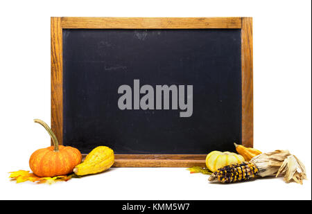 Tableau bois isolés avec des citrouilles et de maïs Banque D'Images