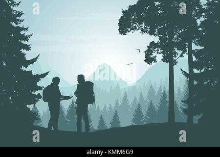 Deux touristes marche à travers un paysage de montagne avec une forêt à la recherche d'un chemin dans le plan sous un ciel d'hiver avec dawn - vector Illustration de Vecteur