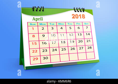 Avril 2018 calendrier de bureau isolé sur fond coloré . 3D illustration. Banque D'Images