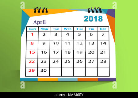 Avril 2018 calendrier de bureau isolé sur fond coloré . 3D illustration. Banque D'Images