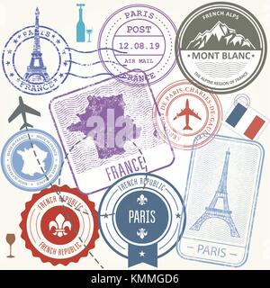 Les stamps set - france paris et symboles voyage Illustration de Vecteur