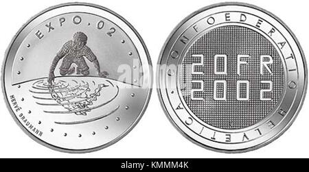 La pièce commémorative suisse émise en 2002 pour l’Expo 2002 en Suisse présente des motifs uniques marquant l’importance culturelle et internationale de l’exposition universelle organisée cette année-là dans le pays. Banque D'Images