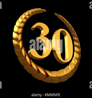 Or anniversaire couronne de laurier et 30 chiffres sur fond noir Banque D'Images