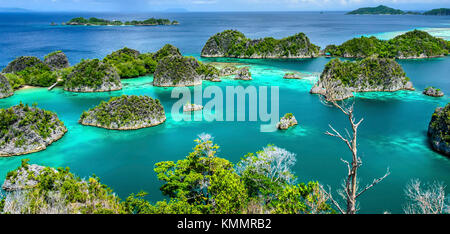 Vue depuis le sommet de l'île de Raja Ampat piaynemo la Papouasie occidentale en Indonésie avec de magnifiques petites îles Banque D'Images