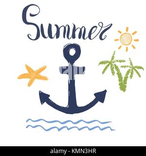 Vector illustration d'été, anchor, palmiers et isolé de lettrage Illustration de Vecteur
