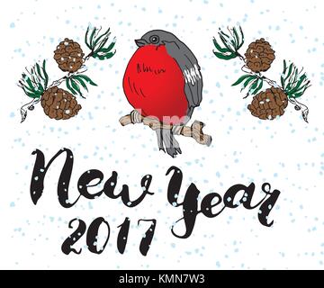 Nouvelle année 2017 lettrage. hand drawn vector illustration avec des branches d'arbres de pins et d'oiseaux Illustration de Vecteur