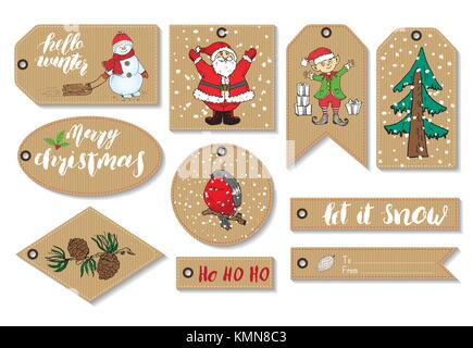 Nouvel an et de noël étiquettes cadeaux set. part croquis cartes de souhaits modèle avec des éléments festifs doodles. vector illustration Illustration de Vecteur