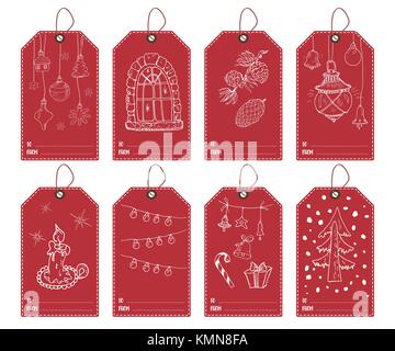 L'hiver et nouvel an étiquettes cadeaux set. part croquis cartes de souhaits modèle avec des éléments festifs doodles. vector illustration Illustration de Vecteur