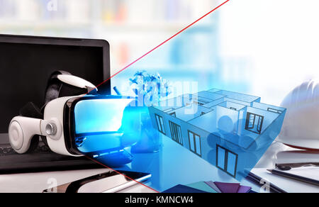 Noir et blanc lunettes de réalité virtuelle sur table bureau décorateur intérieur avec la représentation en 3D. Composition horizontale. Vue avant Banque D'Images