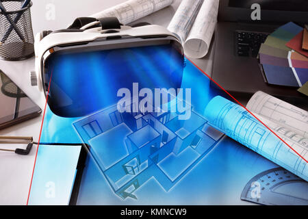 Noir et blanc lunettes de réalité virtuelle sur table bureau décorateur intérieur avec la représentation en 3D. Composition horizontale. Elevated view Banque D'Images