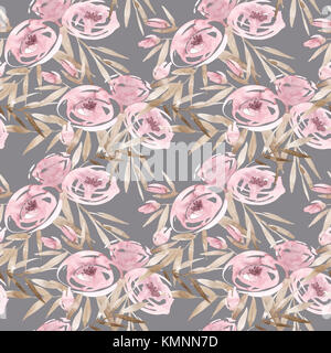 Les roses et les pivoines rose pâle avec des feuilles gris sur fond gris. motif transparent. jardin romantique fleurs illustration. couleurs fanées. Banque D'Images