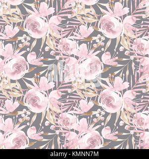 Les roses et les pivoines rose pâle avec des feuilles gris sur fond gris. motif transparent. jardin romantique fleurs illustration. couleurs fanées. Banque D'Images