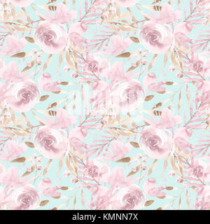Les roses et les pivoines rose pâle avec des feuilles gris sur fond bleu.. sans jardin romantique fleurs illustration. couleurs fanées. Banque D'Images